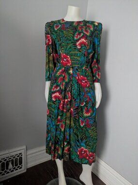80's Tropical Flowers and Foliage Dress by E.D. Michaels